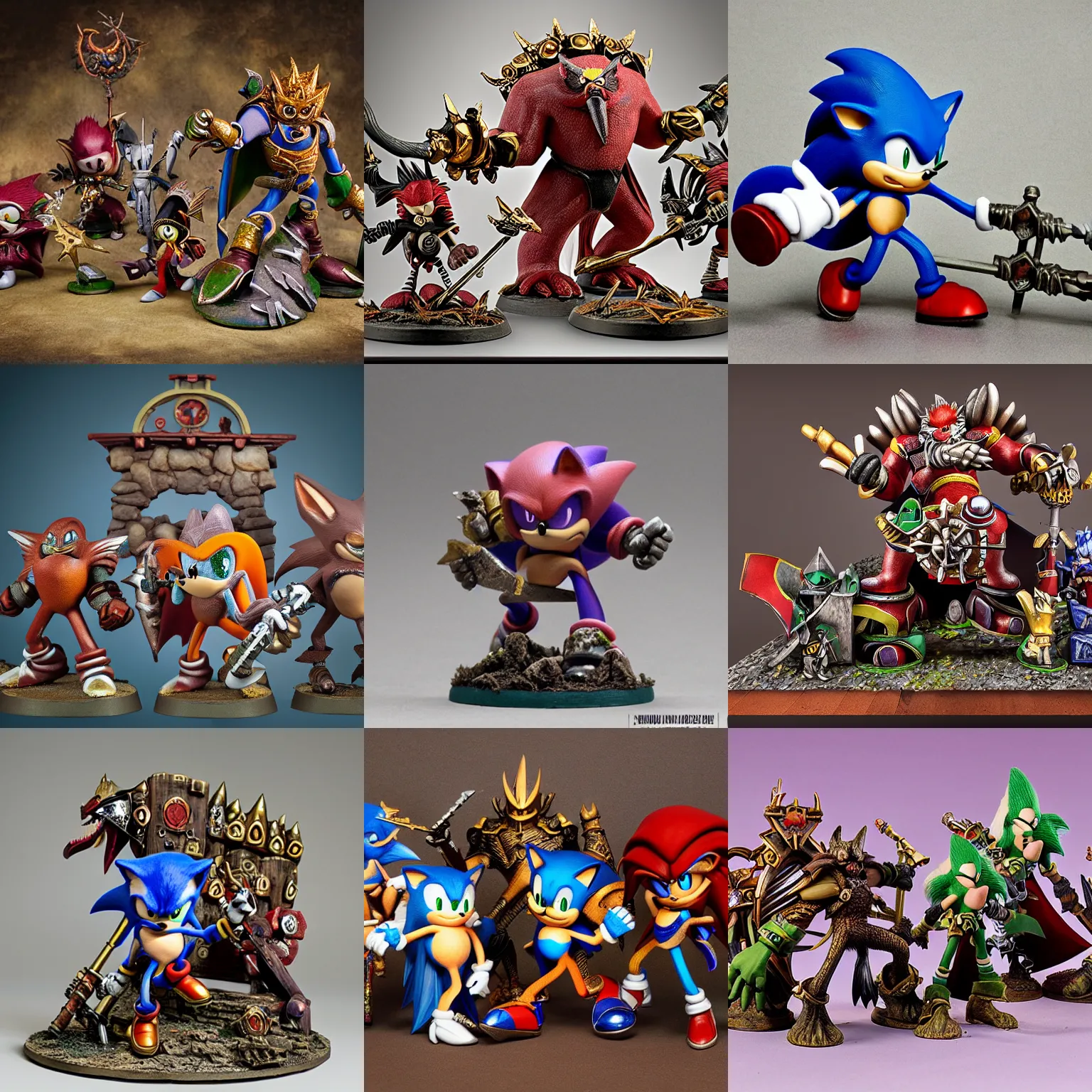 Prompt: sonic the edgehog Warhammer Fantasy miniature set, studio photo