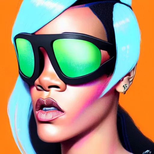 Image similar to Rihanna wearing opaque reflective goggles profile picture by Greg Rutkowski, green Bob wig, asymmetrical, futuristic, volumetric lights, streetwear, studio ghibli, Organic Painting , Matte Painting, geometric shapes, hard edges, trending on the artstation, fantasy LUT, realistic by Sachin Teng + Martin Grip + Moebius + Patrick Gleason, smooth, sharp focus, illustration, art by John Collier and Albert Aublet and Krenz Cushart and Artem Demura and Alphonse Mucha, techwear, Industrial Scifi, detailed illustration, character portrait,