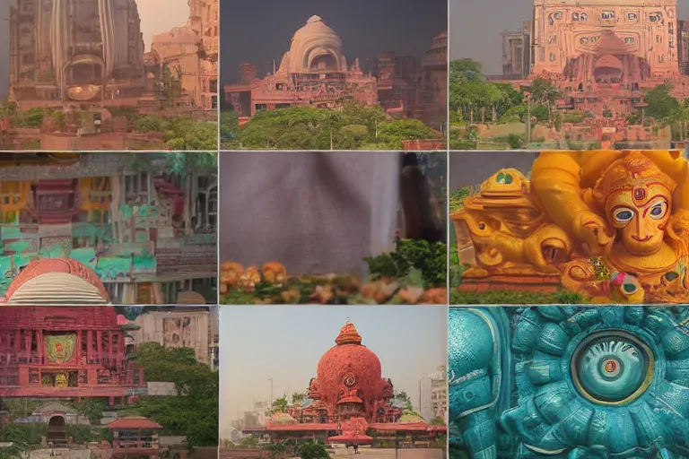 Prompt: high quality dreamscape! biomorphic new delhi, hanuman!! head building, kalighat, octane highly detailed, cinematic smooth, stephen shore & john j. park, soft morning light, wide shot, high angle, uhd 8 k, deep focus