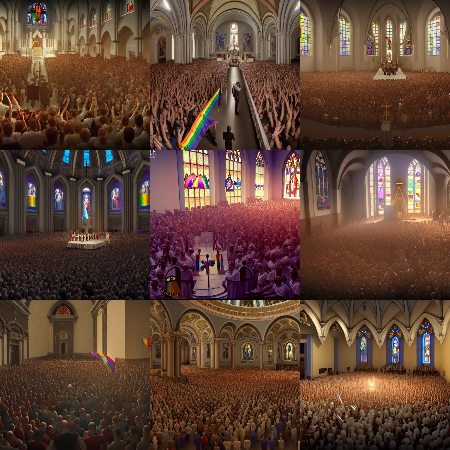 Prompt: LGBTQ group taking over the church, Pope surrenders , photography, highly detailed, HD, sharp focus, smooth, octane render, 4k, artstation, dynamic lighting