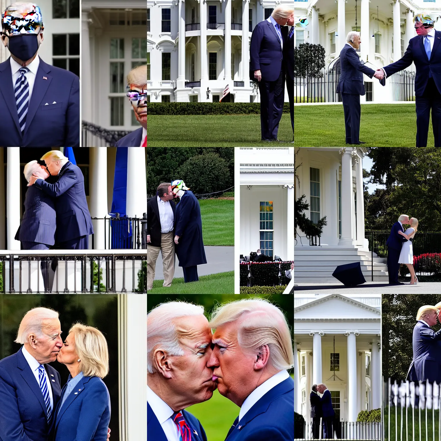 Prompt: Joe Biden and Trump kissing in front of the white house