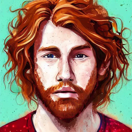 Image similar to auburn strawberry blonde wavy hair american man with freckles, danny hollander dannyjevriend studio ghibli painterly style, portrait symetrical