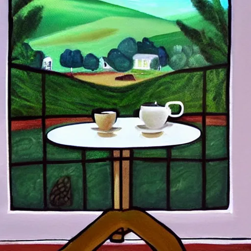 Image similar to “ nostalgic painting of a breakfast table with a steaming cup of coffee and a newspaper. the window behind it shows a green idyllic hill with a road on it, and families walking to school ”