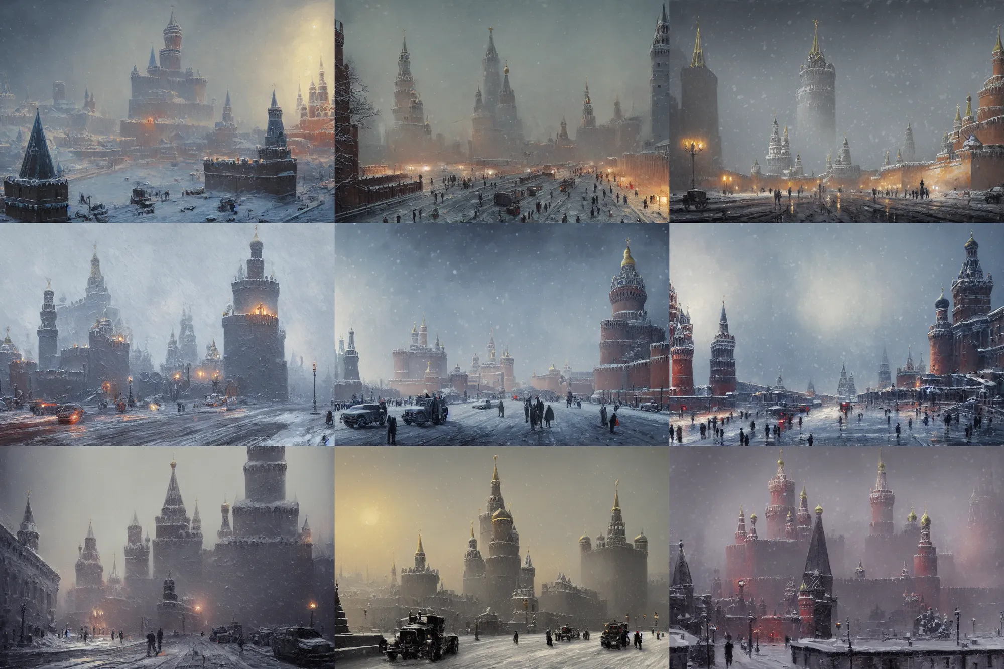 Prompt: highly detailed painting of dieselpunk moscow kremlin, winter, snow, dystopia, by greg rutkowski, 4 k resolution, trending on artstation