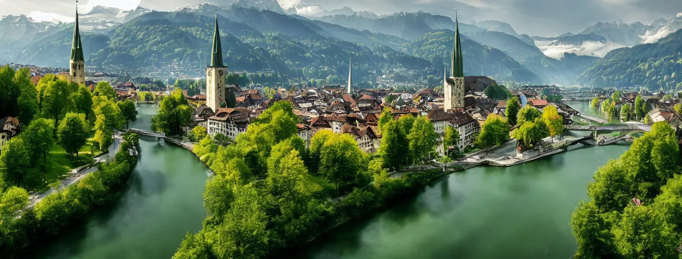 Image similar to Photo of Zurich, looking down the river at the lake and the alps, Hardturm, Grossmünster, wide angle, trees, volumetric light, hyperdetailed, green water, artstation, cgsociety, 8k