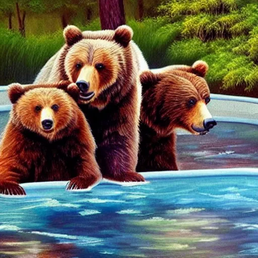 Image similar to grizzly bear family chilling in a hot tub, calming, nature, painting, cute, bob ross.