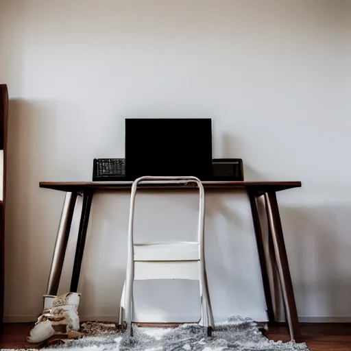 Prompt: Beautiful Photograph of a bedroom with a computer on a table and a mattress standing against the wall, wideshot, longshot, fullshot