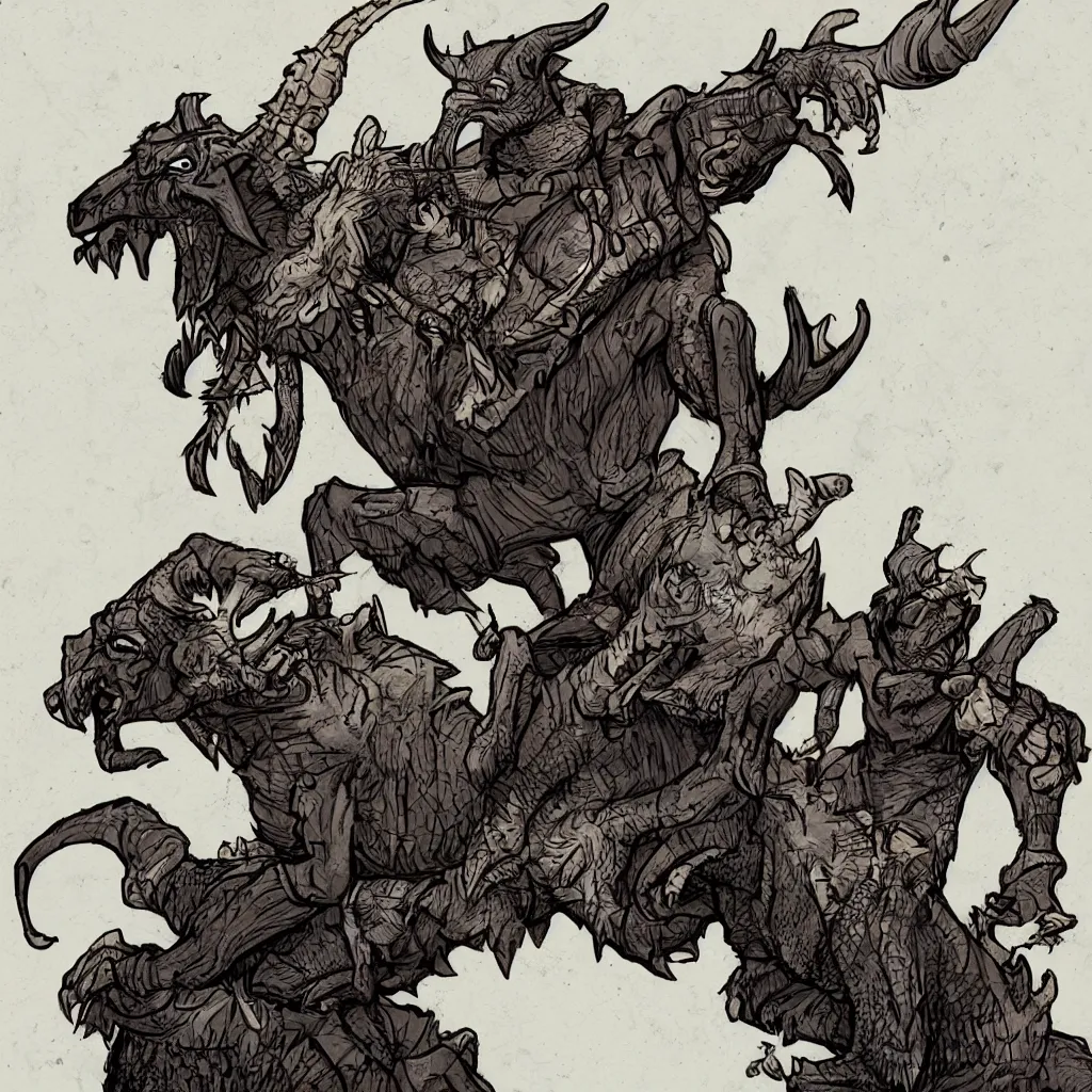 Image similar to dragonborn from dungeons and dragons jumping into a goat's back, illustration