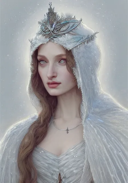 Prompt: sansa angeline jolie gessica chastain snow queen, intricate, elegant, highly detailed, digital painting, artstation, concept art, smooth, sharp focus, illustration, art by artgerm and greg rutkowski and alphonse mucha and william - adolphe bouguereau