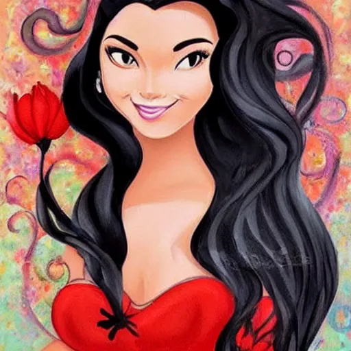 Prompt: a beautiful curvy woman with long black hair, brown eyes, tanned skin as a disney princess. painting.