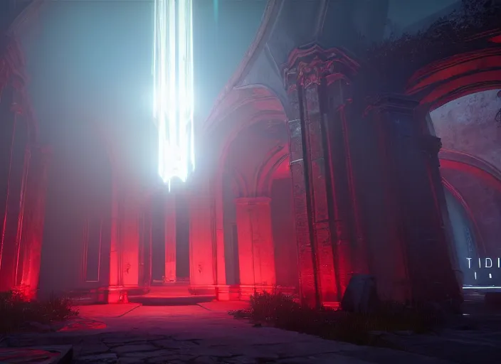 Image similar to ancient church with red shafts of light in destiny 2, foggy, liminal, dark, dystopian, beautiful architecture, abandoned, highly detailed 4 k 6 0 fps in - game destiny 2 gameplay screenshot leak