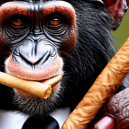 Image similar to a high detail closeup shot of a chimp wearing a suit and smoking a cigar