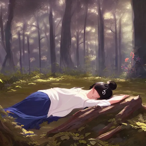 Prompt: girl sorcerer with white hair in a hairbun, wearing a black tshirt, and wearing blue jean. she is laying down sleeping, in a forest landscape. digital art, environment concept art, by rossdraws, ghibli, art by greg rutkowski