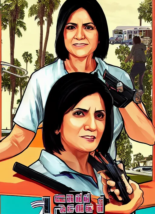 Prompt: leni robredo in gta v game box art by stephen bliss, detailed cover artwork, gta v, gta v loading screen