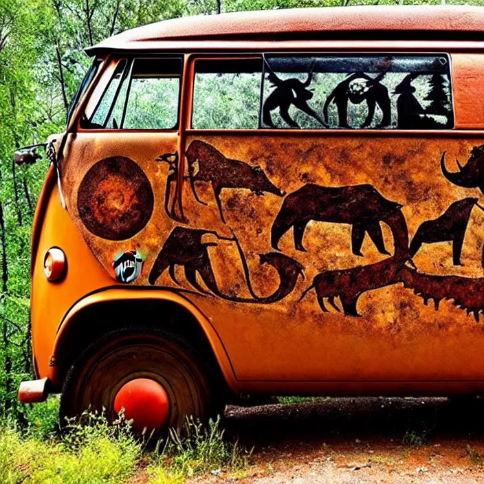 Prompt: picture of ancient vw bus, mammoths and hunters, ancient prehistoric rock art in a cave style, red ocher paint