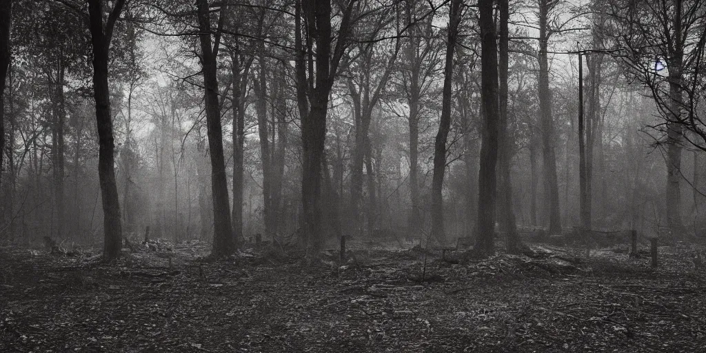 Prompt: a creepy atmospheric play ground in the dark woods, abandoned, haunted, ghost children, ghost hunters, volumetric lighting, film shot, 1950's, ISO 1800, scratches