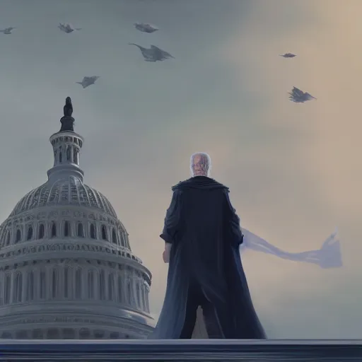 Image similar to portrait of lich joe biden lording over the US capitol building, artstation, cgsociety