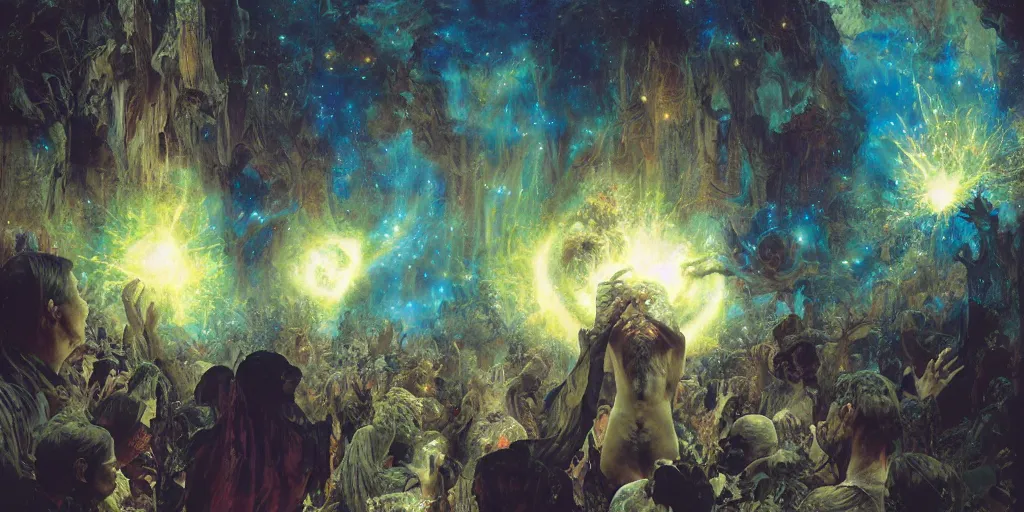 Image similar to supernova, stone jungles, people praying with hands up to the sky, stars, painted by steve mccurry, ruan jia, raymond swanland, lawrence alma tadema, zdzislaw beksinski, norman rockwell, jack kirby, tom lovell, alex malveda, greg staples