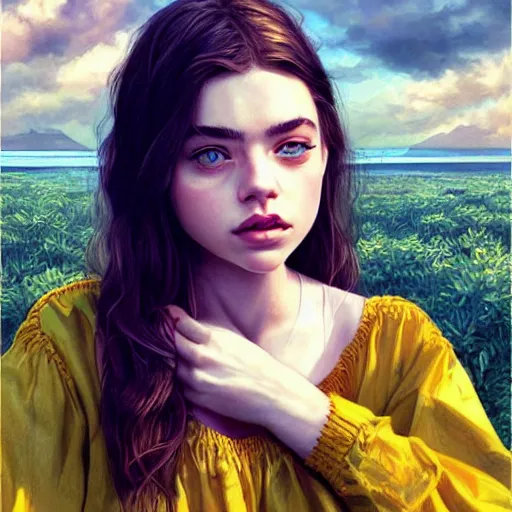 Prompt: a beautiful scenic photo of a beautiful young girl that looks like imogen poots by artgerm and wlop and wes anderson and spike jonze