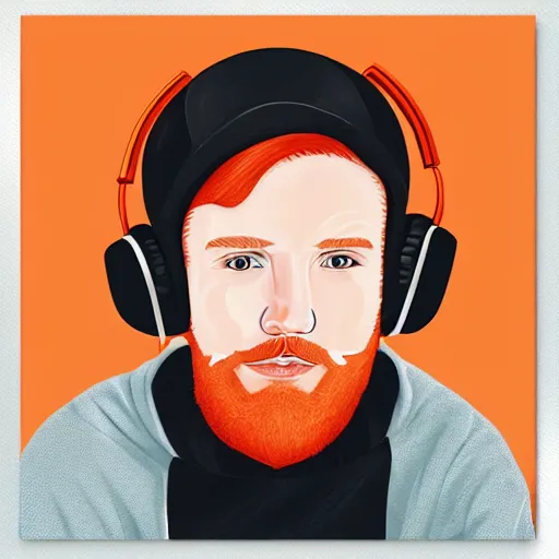 Image similar to streamer on twitch with black hat, stubble, ginger hair, orange hair, black cap, stubbles, red headphones, in the style of jeremiah ketner, art, abstract