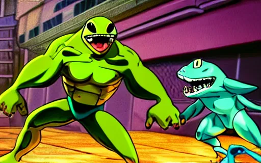 Image similar to photo street sharks vs battletoads, 8 k, hdr, cinematic, rule of thirds, digital painting, vivid colors, sharp render by miyazaki nausicaa ghibli,