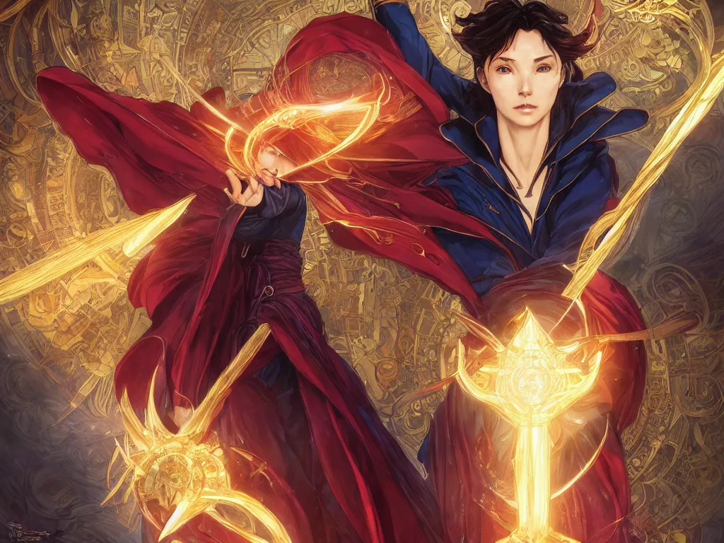 Prompt: anime key visual of one beautiful female doctor strange, marvel comics, spells, magic, intricate, inside magical temple stunning, highly detailed, digital painting, artstation, smooth, hard focus, illustration, art by artgerm and greg rutkowski and alphonse mucha