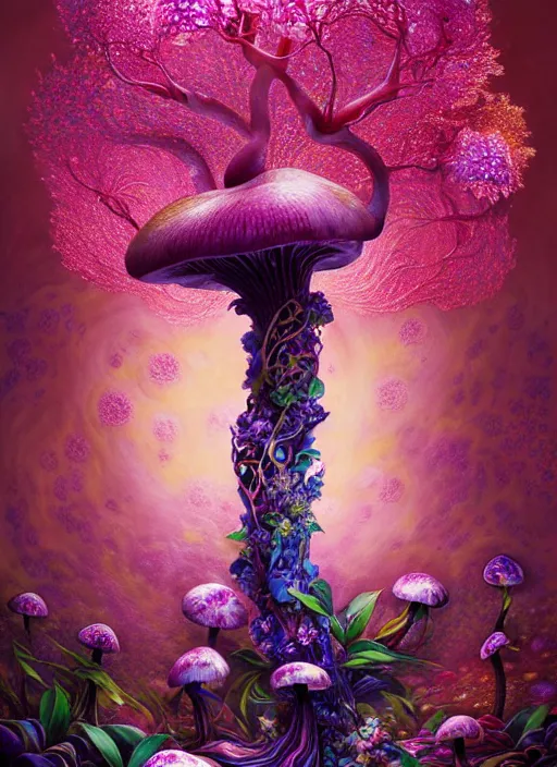 Image similar to extremely psychedelic organic shman made of orchid and cherry blossom tree and mushroom, diffuse lighting, fantasy, intricate, elegant, highly detailed, lifelike, photorealistic, digital painting, artstation, illustration, concept art, smooth, sharp focus, art by John Collier and Albert Aublet and Krenz Cushart and Artem Demura and Alphonse Mucha