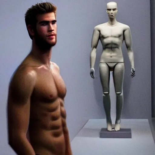 Image similar to “a realistic detailed photo of a guy who is an attractive humanoid who is half robot and half humanoid, who is a male android, actor Liam Hemsworth, shiny skin, posing like a statue, blank stare, at the museum, on display”