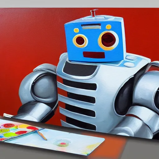 Image similar to funny robot painting a canvas, highly detailed, photorealism