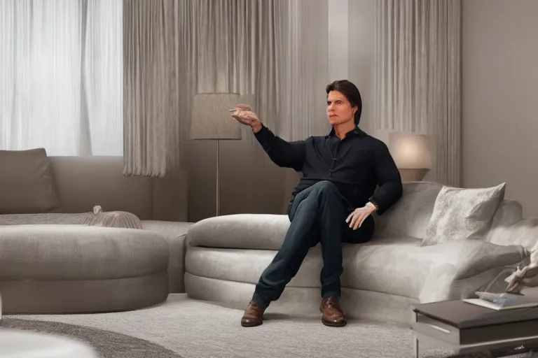 Image similar to a cinematic still from oprah couch, (tom cruise!!!!!), tomcruise!!!, ((((octane render, nvidia raytracing demo))))