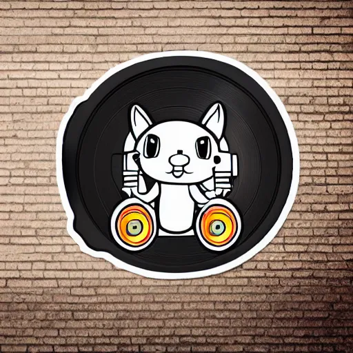 Image similar to svg sticker of a Dancing-Squirrel, at a rave, spinning records, giant headphones rocking out, wearing headphones, huge speakers, dancing, rave, DJ, spinning records, digital art, amazing composition, rule-of-thirds, award-winning, trending on artstation, featured on deviantart