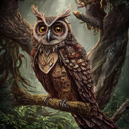 Prompt: high definition ink woodblock fantasy character art, hyper realistic, hyperrealism, elemental guardian of life, forest owl, woody foliage, 8 k dop dof hdr fantasy character art, by aleski briclot and alexander'hollllow'fedosav and laura zalenga