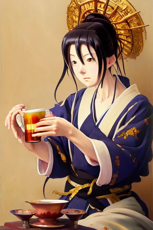 Prompt: baroque oil painting of anime key visual concept art of anime traditional japanese shinto priestess pouring a cup of tea gracefully, sat in seiza position, award winning, trending on artstation, palette knife! and brush strokes, oil on canvas, makoto shinkai greg rutkowski studio ghibli