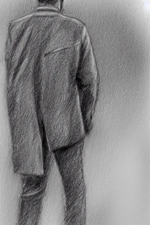 Image similar to a man in a jacket with his back to the camera standing in the rain. pencil sketch.