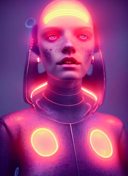 Prompt: beautiful scandinavian female humanoid with freckles, by loish, d & d, fantasy, cyber neon lighting, futurism, intricate futuristic jewelry accessories, cyberpunk high fashion glossy latex suit, profile posing, perfect anatomy, hyper photorealistic, digital photography, artstation, pinterest, concept art, art by pascal blanche and greg rutkowski,