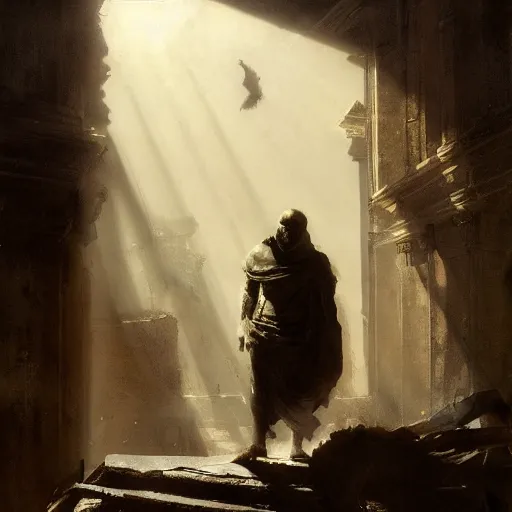 Image similar to portait of magican wearing a closed cerimonial cowl, big old book!!!!!! chained to the wrist, by jeremy mann, by tiepolo, mike mignola, by greg rutkowski, face in the shadows, ( ( ruins of ancient rome ) ), at dusk, mysterious atmosphere, sunrays, high detailed, 8 k
