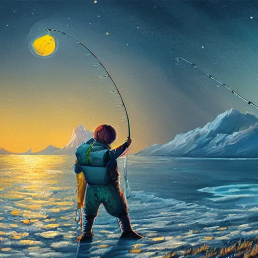 Image similar to fishing on the moon, 4K, painting, artstation, oil paint