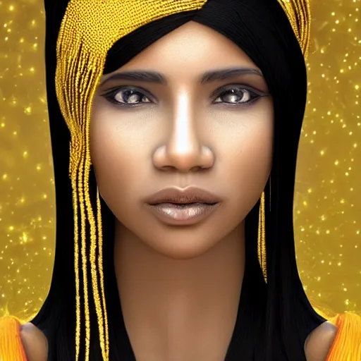 Prompt: a female prophet with Black Hair. She have a needle in one hand weaving golden strings of magic. Gorgeous. Hyper realistic. 8k