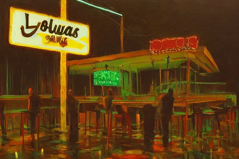 Image similar to scene from louisiana swamps, bar, neon cross, voodoo, artwork by tim eitel