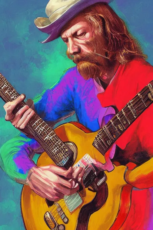 Prompt: a professional painting of Duane Allman, in brightly colored psychedelic shirt, playing a guitar, long hair, beautiful bone structure, symmetrical facial features, intricate, elegant, digital painting, concept art, smooth, sharp focus, illustration, from StarCraft by Ruan Jia and Mandy Jurgens and Artgerm and William-Adolphe Bouguerea, epic, stunning, gorgeous, intricate detail, much wow, ultra realistic, photorealism, 4K, masterpiece, trending on artstation