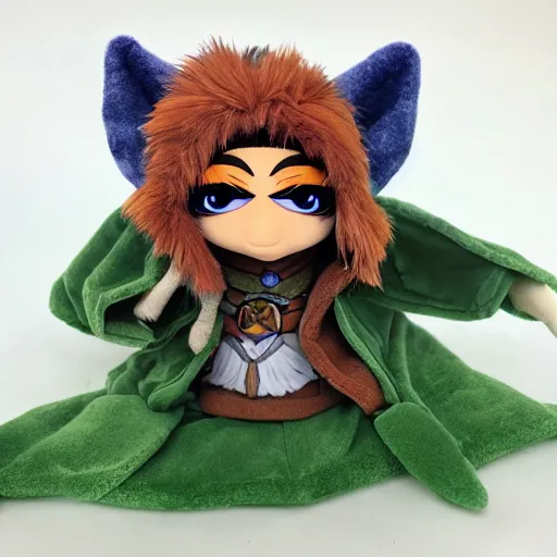 Image similar to dungeons and dragons foxfolk wizard druid as a chibi muppet plush wearing an ethereal star filled mage robe inspired by Aaravos from dragon prince, photorealistic, photography, national geographic, sesame street