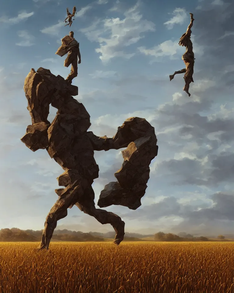 Prompt: wide shot of a tall and thin rocky abstract statue hovering vertically ten feet above a cornfield, late afternoon, golden hour, dramatic lighting, cinematic, highly detailed, smooth, sharp focus, concept art by greg rutkowski and marc simonetti