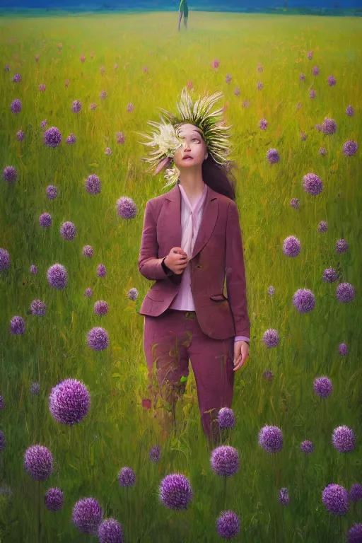 Image similar to portrait, enormous thistle flower under head, a girl in a suit in field of flowers, surreal photography, sunrise, blue sky, dramatic light, impressionist painting, digital painting, artstation, simon stalenhag