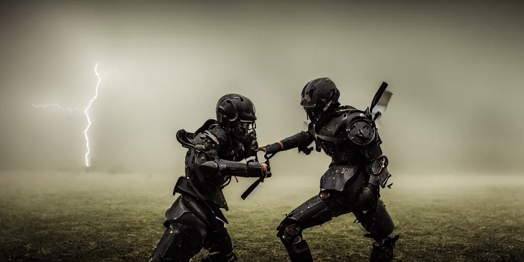 Image similar to 2 warriors in de exoskeletons battling each other in heavy rain, ground fog, moody lighting, 8 k, lightning, shallow depth of field, cinematic lighting,