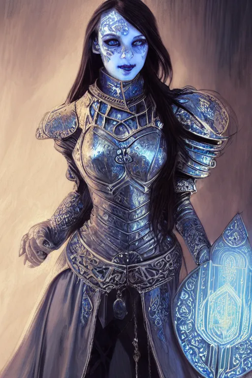 Image similar to beautiful luxury and gothic and victorian and evil medieval female blue & white color armor knight portrait+smoky eyes+light flowing hair, in ruin gothic cathedral, ultradetail face, art and illustration by tian zi and craig mullins and WLOP and alphonse mucha, fantasy, intricate complexity, human structure, fantasy world concept, watermark, blurry, hyperrealism 8k