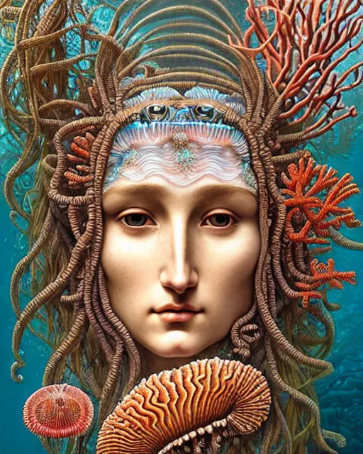 Image similar to hyperrealistic detailed underwater face portrait of the beautiful goddess of the jellyfish with an intricate headgear of corals, sea kelp, sea plants, fish, starfish, jellyfish, art by ernst haeckel, john william godward, android jones, gothic - cyberpunk, ornamental, beautiful deep colours,