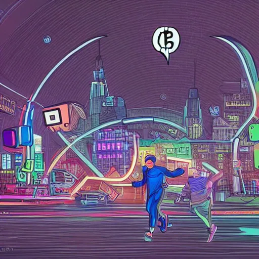 Prompt: landscape of people running away scared from crypto logos standing in the city, digital drawing, beautiful lightning, dribbble art, hyperdetailed, hdr, 8 k