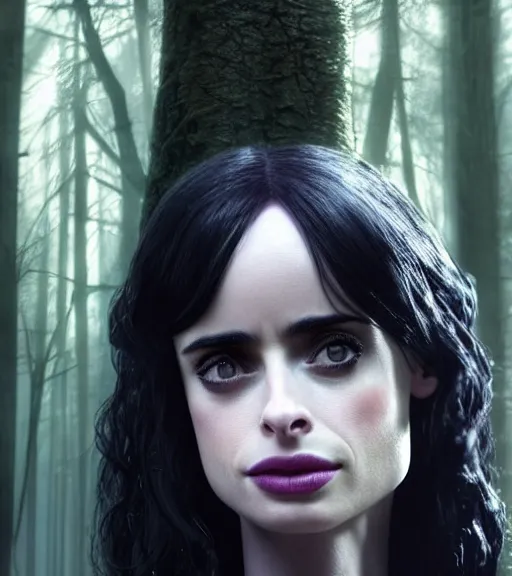 Image similar to 5 5 mm close up portrait photo of krysten ritter as yennefer of vengerberg in black leather armor and long black wavy hair and purple eyes, in a forest. magical atmosphere. art by greg rutkowski. lifelike. very detailed 8 k. intricate. soft light. nikon d 8 5 0.