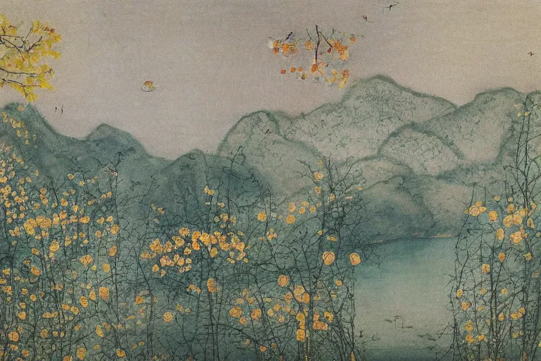 Image similar to an ultradetailed landscape painting of westlake in china hangzhou, light yellow may flowers blossoms nearby, autumn wind, chinese water color, smooth, sharp focus, illustration, by hilma af klint