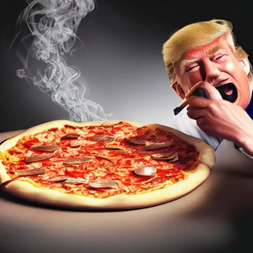 Image similar to a high detail shot of trump making a pizza, smoking, render, cgsociety, photorealism